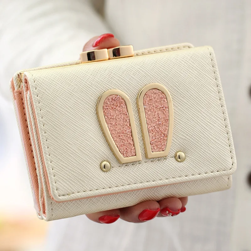 Hot Sales Bunny Ears Cute Cad Hoder Trifold Small Women Leather Wallet with Money Clip