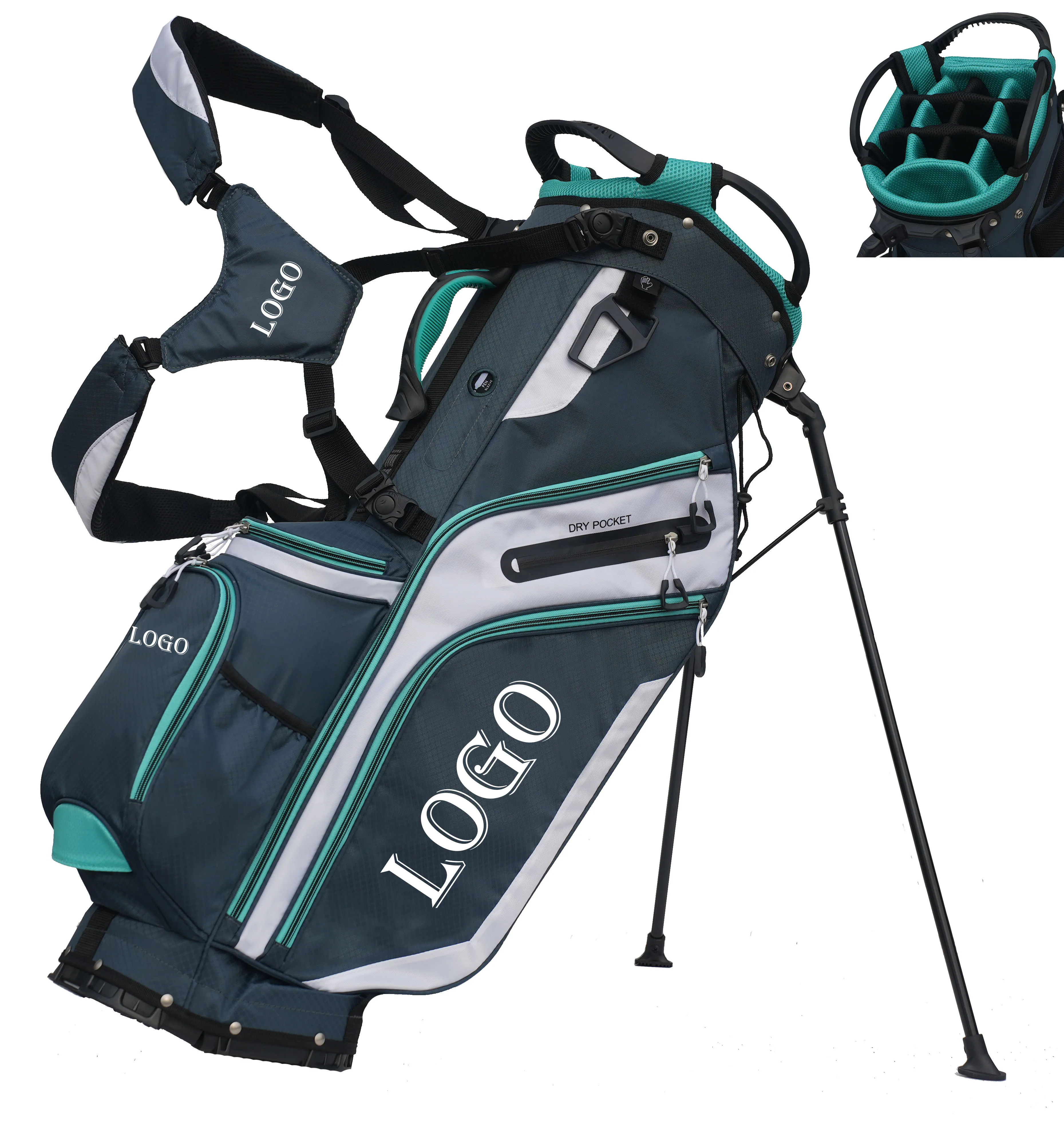 Factory Direct Custom Nylon Polyester waterproof pu golf accessories 14 way Golf Stand Bags for men golf cart bag