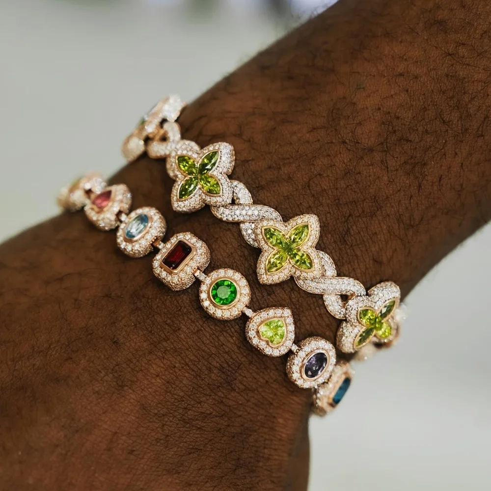 Yu Ying new custom fancy colors diamonds gold plated 925 sterling silver four leaf clover infinity bracelets men jewelry