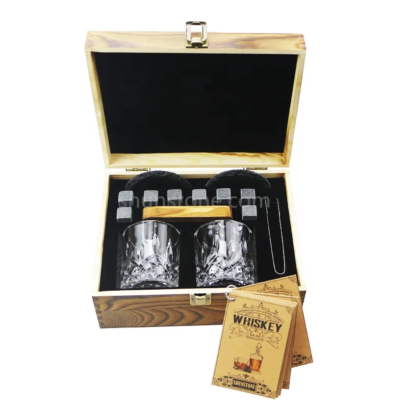 Whiskey Stones Gift Set with a tray  Rocks Chilling Stones and Glasses Gift in Wooden Box