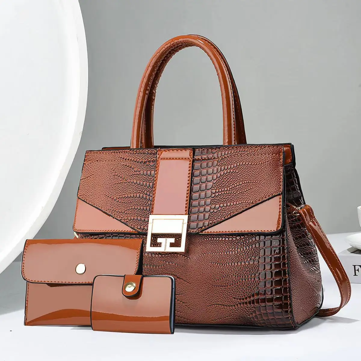 2Pieces Set/Hot Selling Classic Luxury Woman Handbags Shiny Lather Fashion Bags with Wallet European Style Large Purse