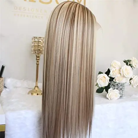 Glueless Heat Resistant Fiber Hair wigs with highlights Lace Front Wigs for Fashion Women 22inch Straight