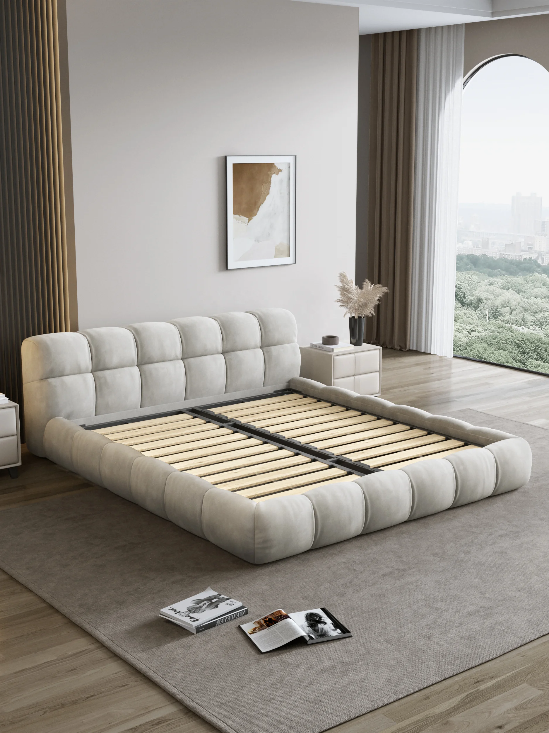 Tech Fabric Up-Holstered Cloud Beds Custom Light Luxury King Size Bedding Frame Gas Lift Storage Bed Set with Bedside Table