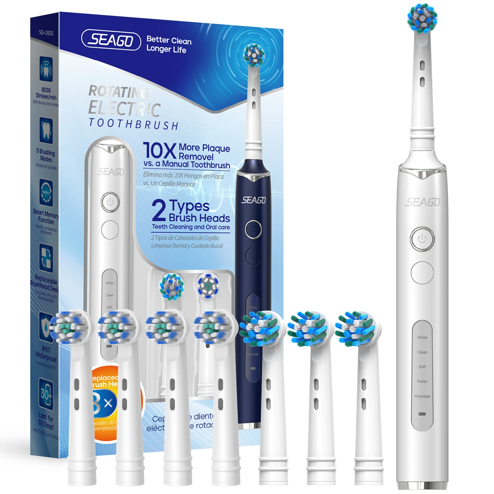 SEAGO SG2603 Type C Charging 5 Modes 8 Rotary Brush Heads IPX7 Smart Timer Rechargeable Rotating Electric Toothbrush For Travel