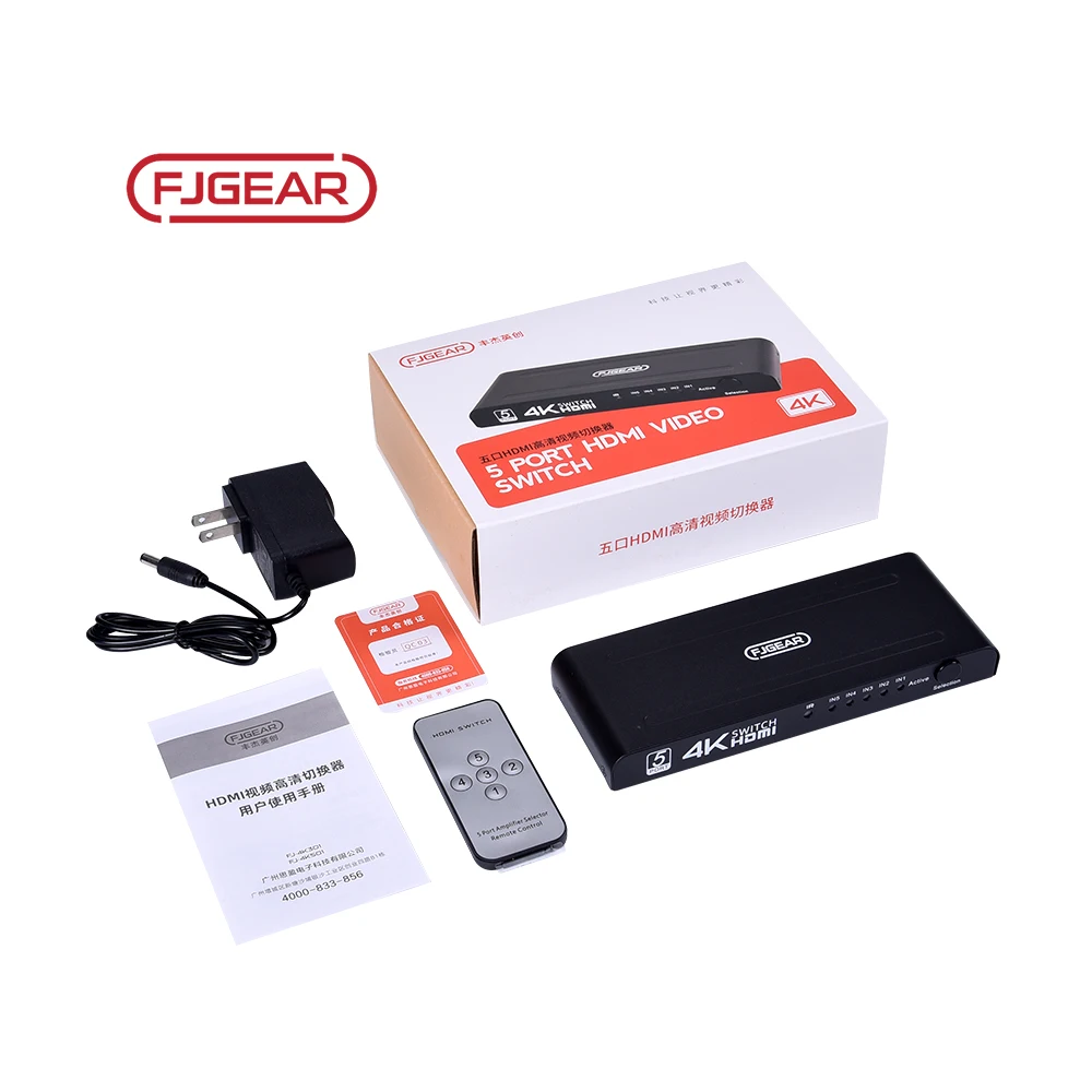 4K501 Fjgear Cheap And Fine 5 Ports Hdmi Hd Video Switcher 3840*2160/30Hz Selector Hdmi Kvm Switcher Hdmi Switch