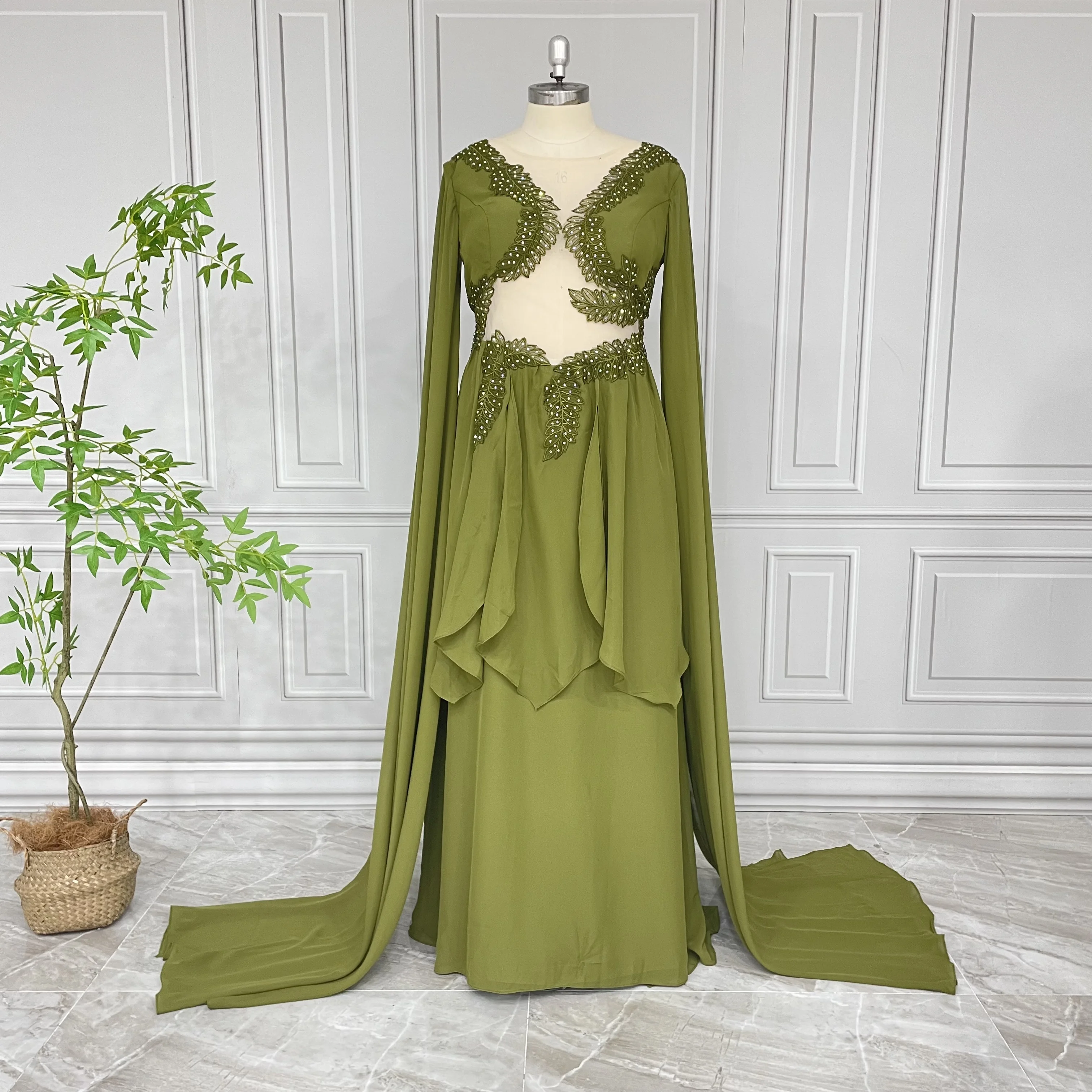 100% Real Photos High Quality Green Leaf Appliques Cut Out Long Sleeves Special Events Dress For Women Celebrity Evening Gown