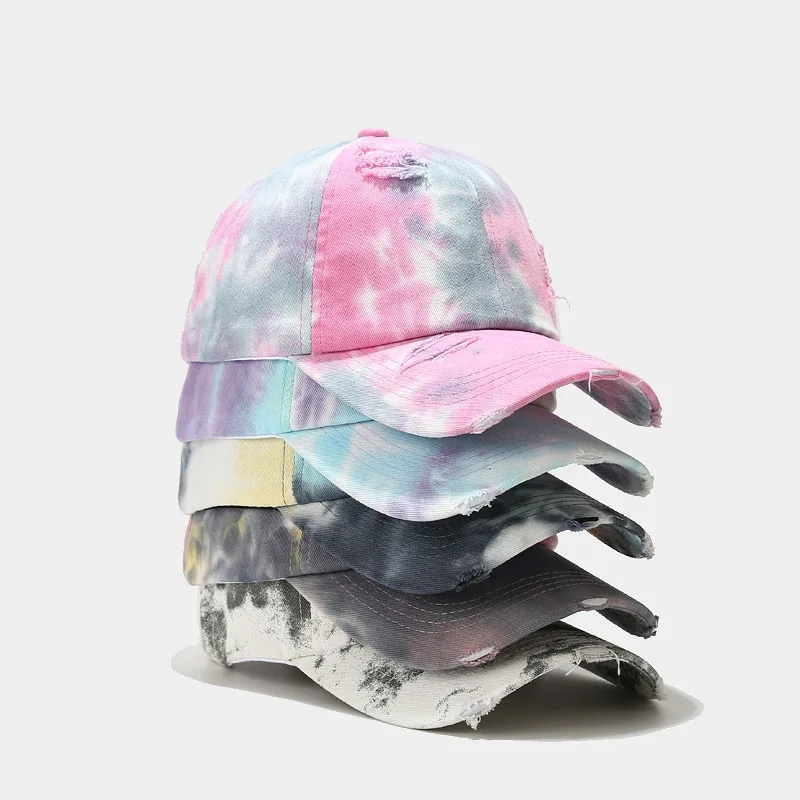 Tie dye baseball cap Hipster male European American broken hole hip hop bend hole duck cap Ladies outdoor sports couple sun hat