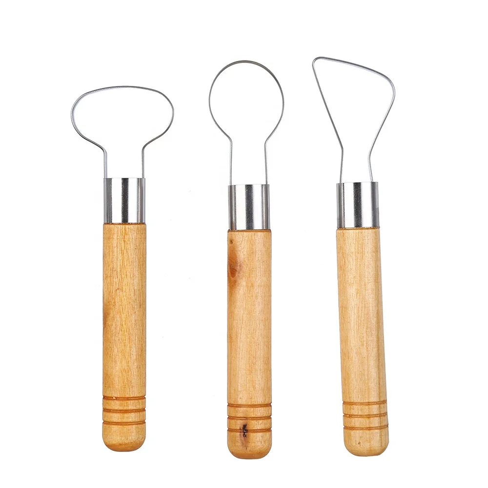Wood Handle 3 PCS Sculpture Scraper Knife Carved Sludge Shaper Ceramic Pottery Clay Trimming Big Loop Tools Set