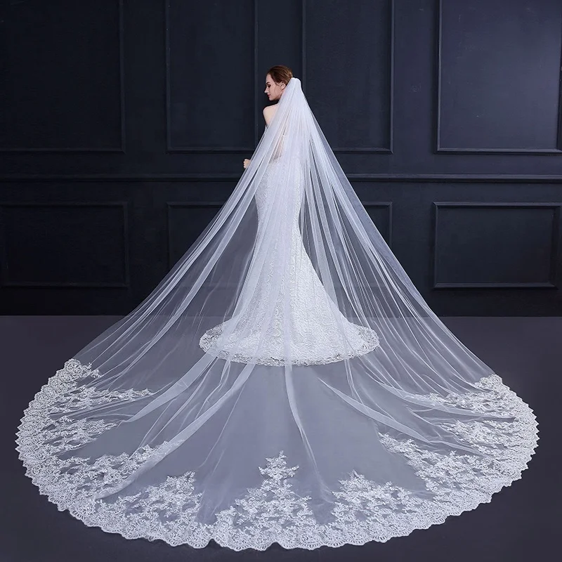 
Shenglan 3.5 Meter Ivory Cathedral Wedding Veils with Comb Long Lace Edge ivory veil wedding bridal wedding supplies 