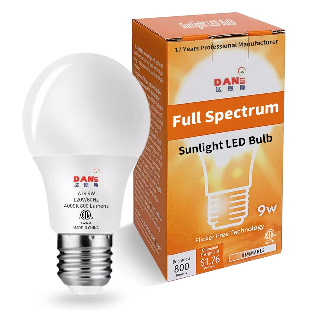 ETL 5004879 New Arrivals E26 E27 Base A19 Daylight No UV 4000K 5W 7W 9W Full Spectrum LED Bulb