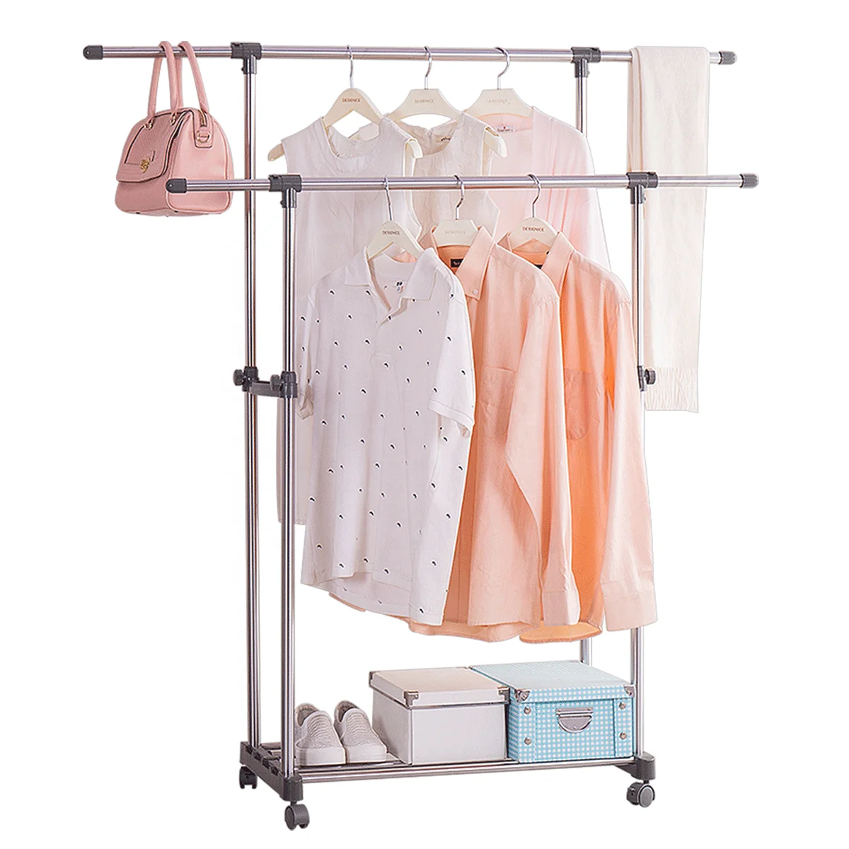 BAOYOUNI Double Pole Telescopic Clothes Rack Extendable Hanging Rail Rolling Laundry Drying Stand Garment Rack with Wheels