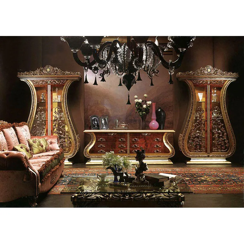 French Rococo Style Wine Display Cabinet Royal Luxury Wood Hand Carved Sectional Sofa Set Living Room Furniture