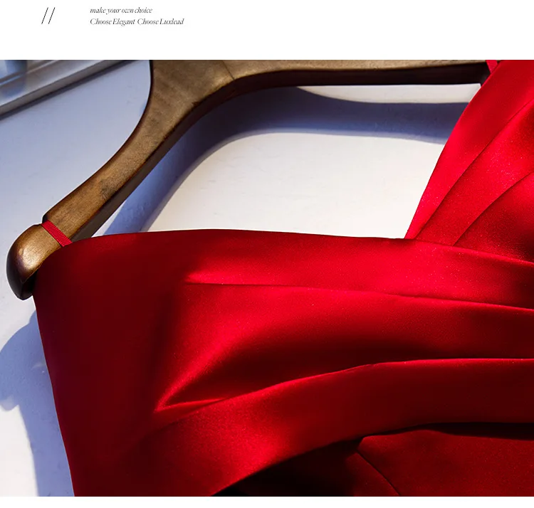 deep-v off shoulder A line red satin pleat elegant ethos slim prom dresses evening dress