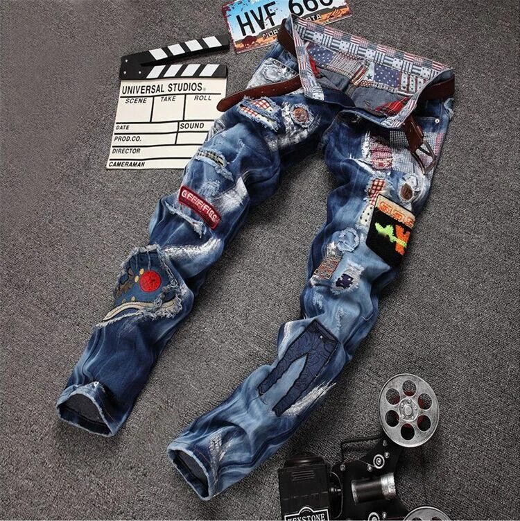 Custom Biker Pattern Pants Trouser Ripped Straight Patchwork Printing Fabric Inside Waist Rivet Streetwear Punk Men Torn Jeans