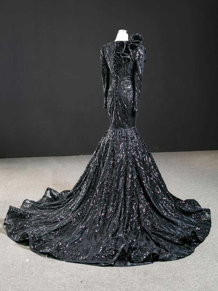 Elegant Long Sleeve Sequin Lace Black Women Evening Dresses