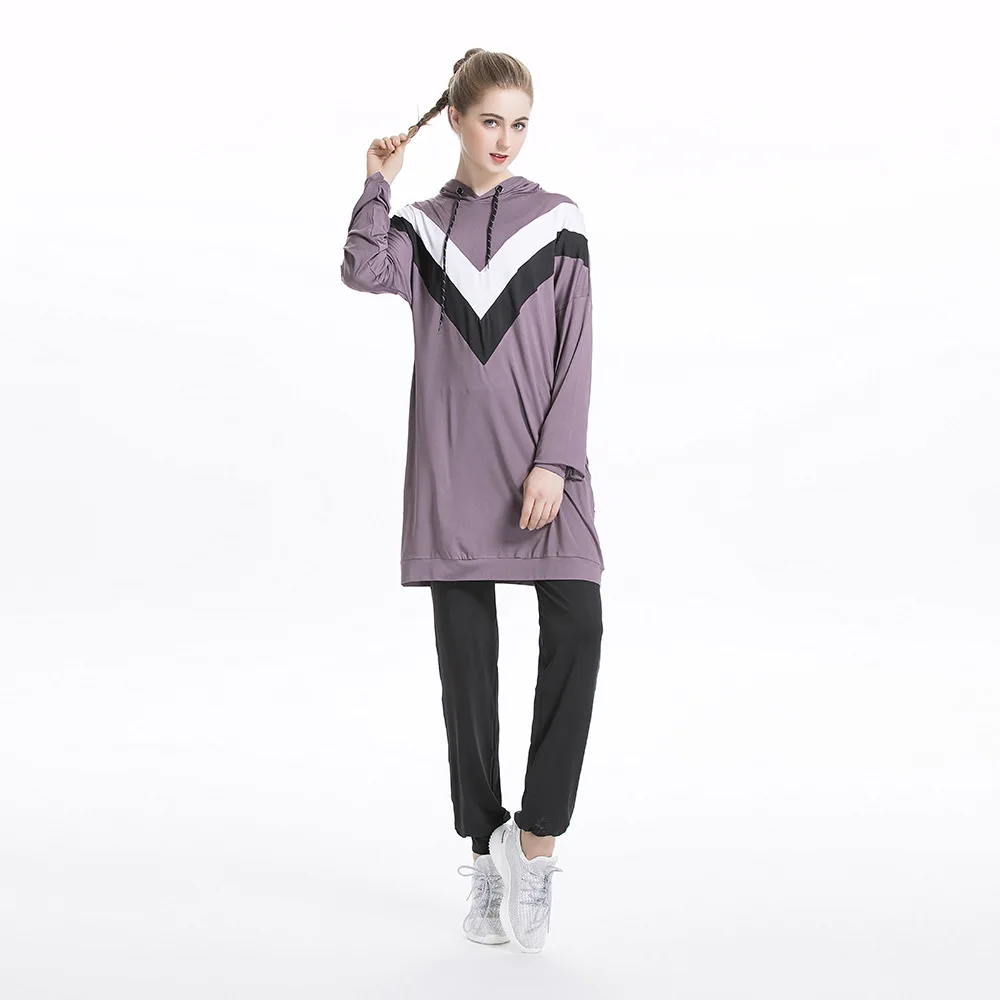 2024 New Wholesale Factory Supplier Arab Islamic Running Muslim Athletic Casual Colorblock Hooded Sweatshirt Set