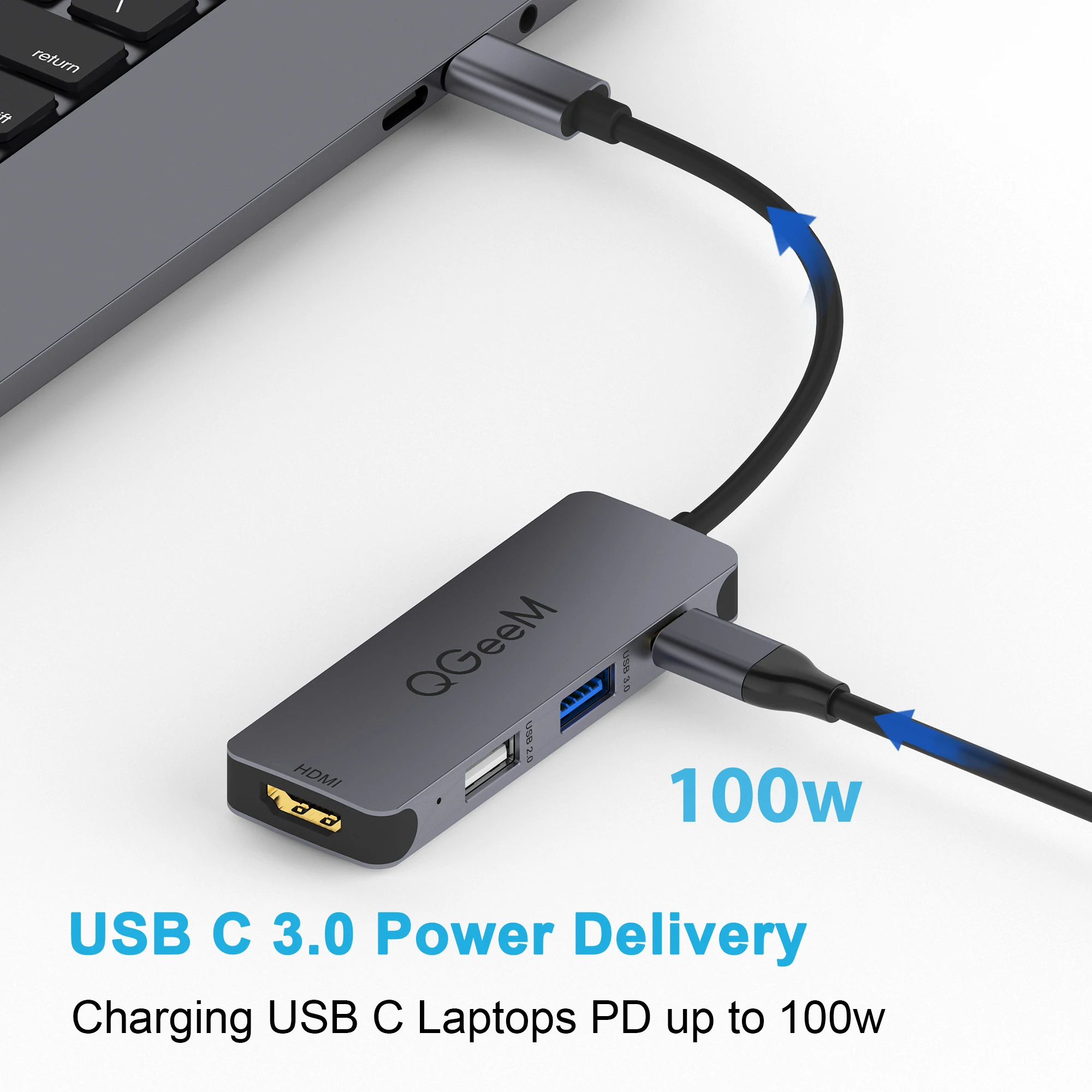  USB Hub 4 Port QGeeM 4-in-1 C(Thunderbolt 3) to HDMI Adapter 100W PD Compatible with MacBook Pro XPS