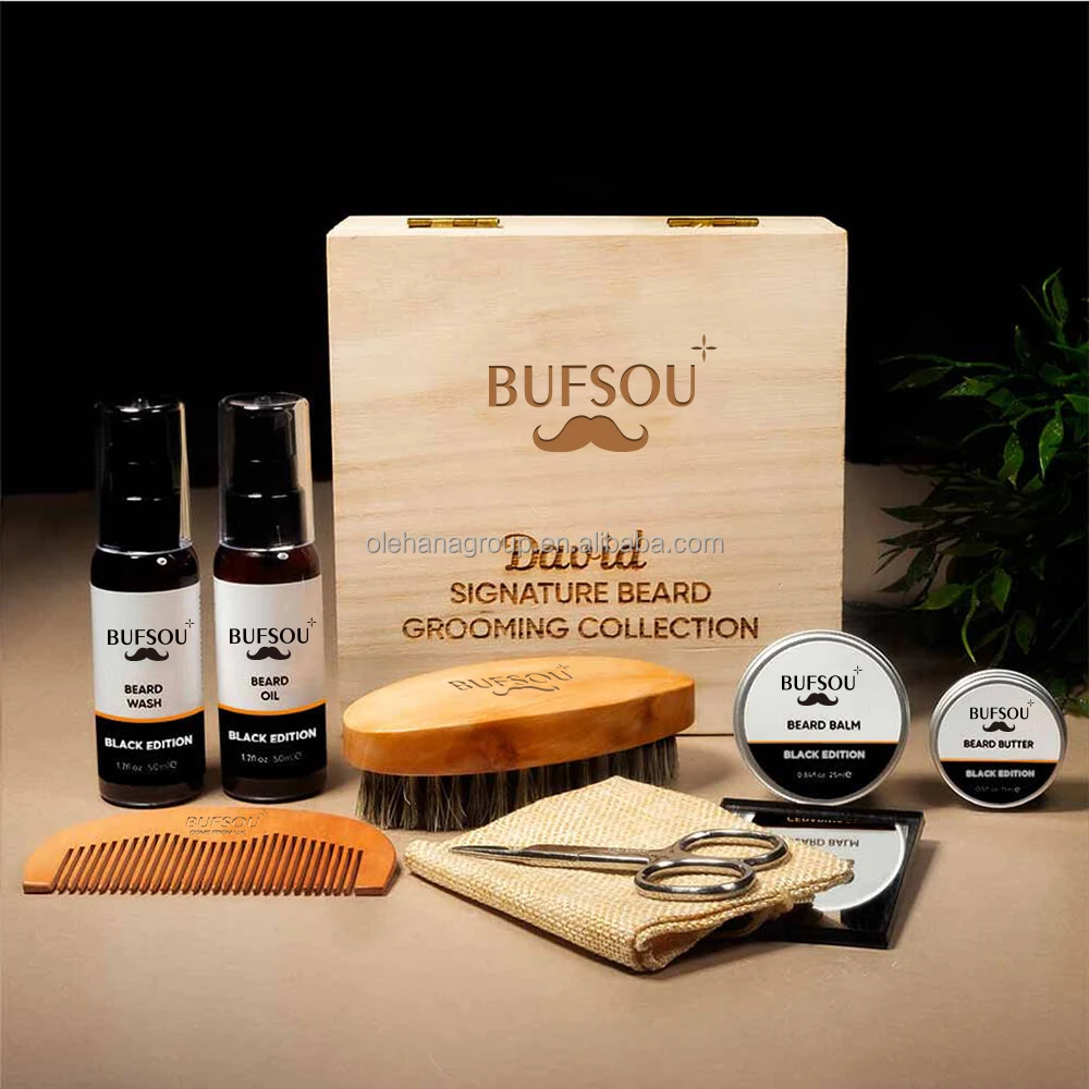New 8 Pack Wash Comb Brush Natural Ingredients Cedarwood Balm Beard Butter Shaver Care Oil Beard Grooming Kit Gifts for Men