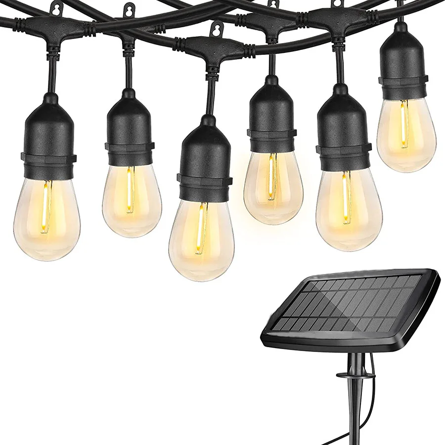 48FT Solar S14 Outdoor String Lights Commercial Grade Waterproof Solar & USB Powered with 15 LED Shatterproof bulbs