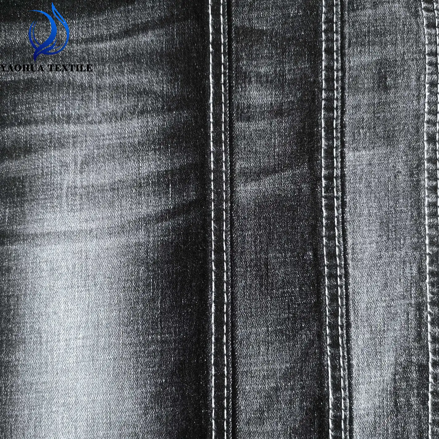 2647 Crosshatch Mercerized Black cotton polyester spandex woven twill elastic slub denim fabric for man jeans