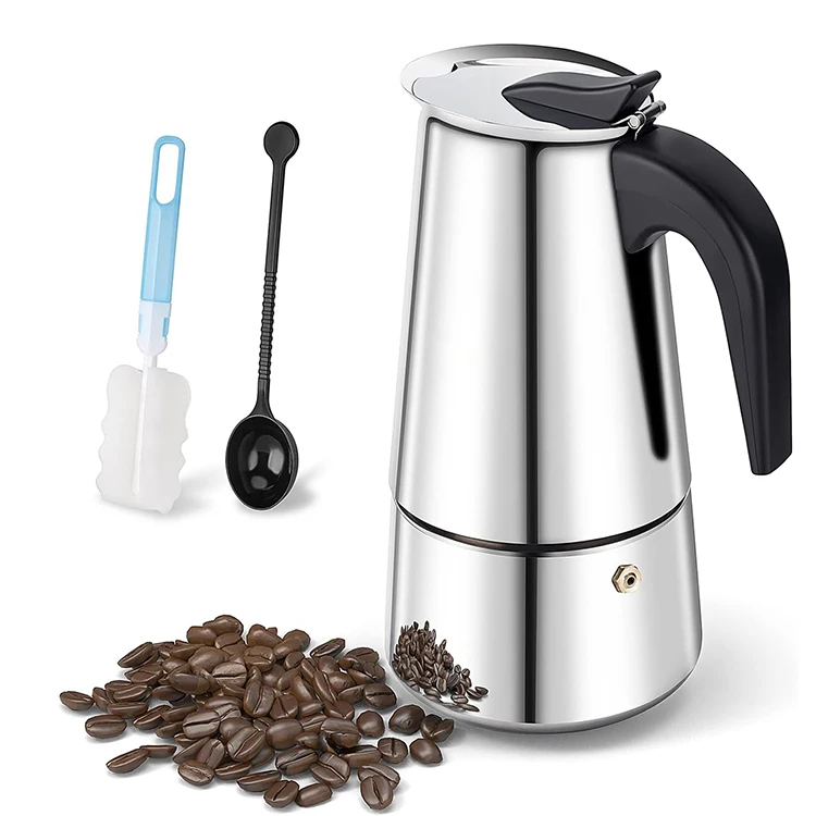 Stovetop Espresso Maker Italian Coffee Machine Coffee Pot 6.8 Oz Moka Pot Sliver Luxurious Stainless Steel Copper Chrome Metal