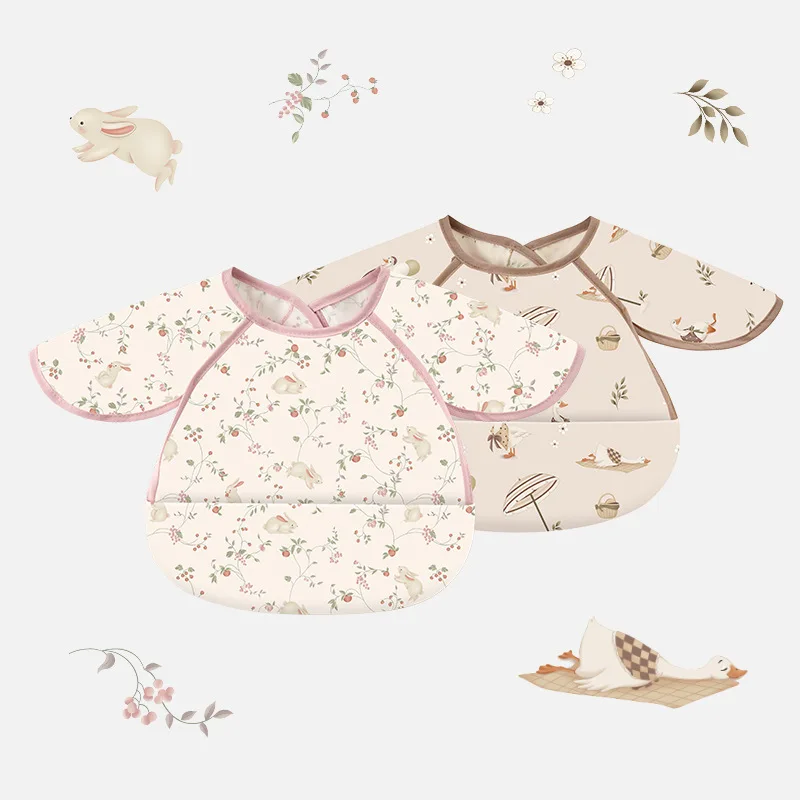 polyester baby bibs with short sleeves cute toddler waterproof apron customization new design baby bandana bib