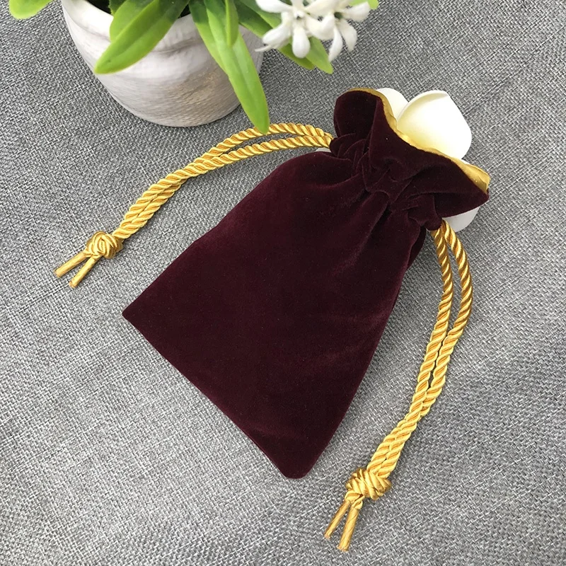 Recyclable Custom Logo Size Double Layer Gold Satin Inner Plush Outer Pouch For Gift Packaging