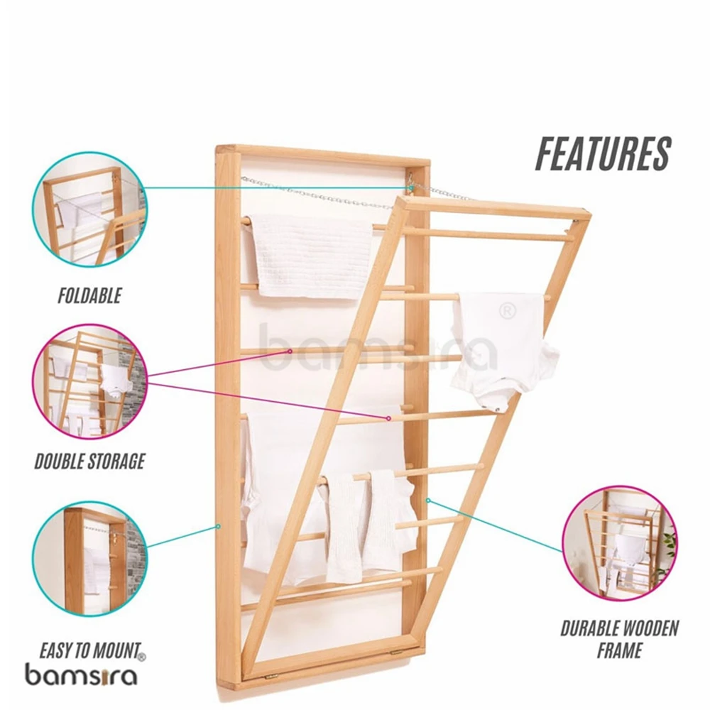 Folding Wooden Wall Mounted Portable Clothes Dryer Airer With Double Side Bars for Cloth , Wall Dryer