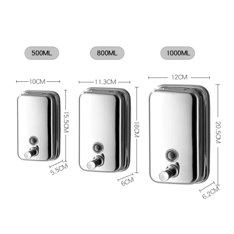 500 800 1000ml Square Wall Mounted  304 Stainless Steel hand Liquid Soap Dispenser