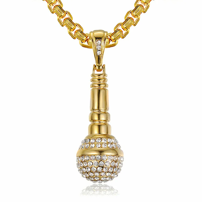 18K Gold Crystal Stainless Steel Necklace Microphone Necklace Jewelry with Microphone Pendant