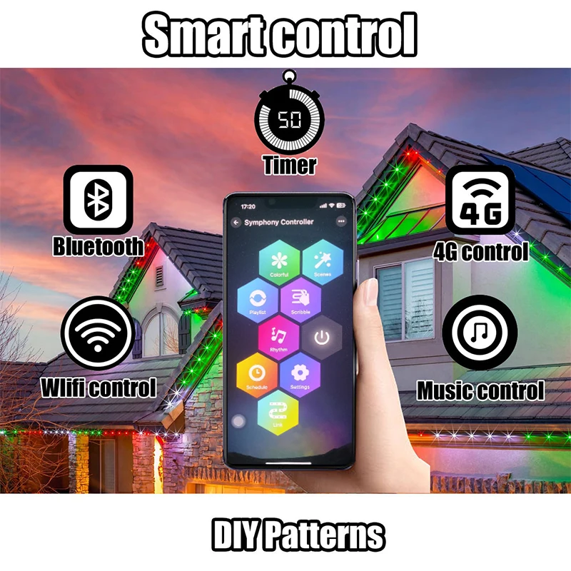 Outdoor Sting Lights 100ft Smart Wifi Control 2811 Programable Pixel Light Led Permanent Holiday Lighting
