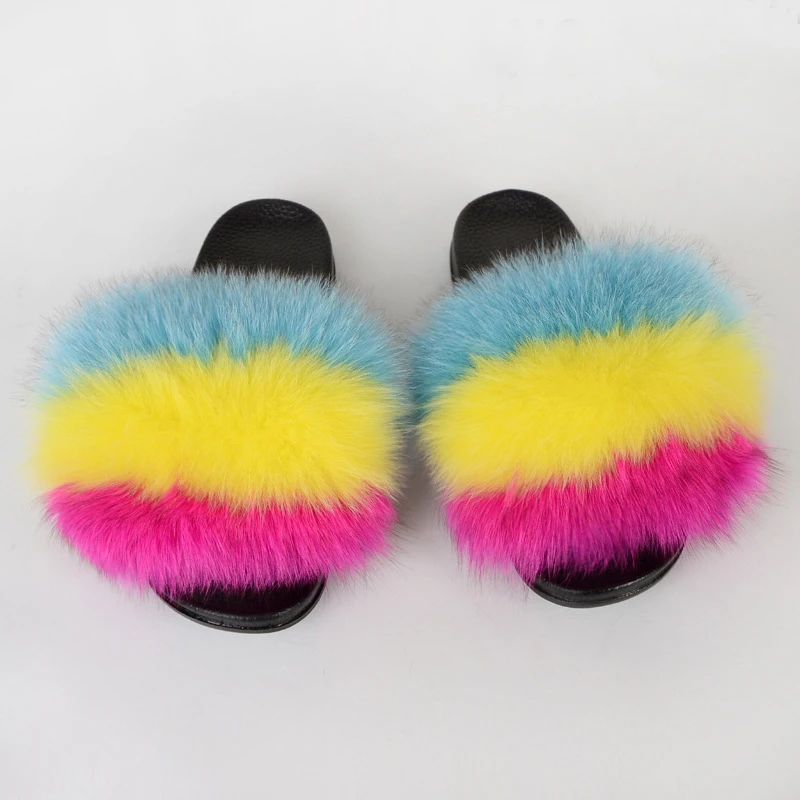 
Wholesale Customized Colors New style Slides Sandals Soft Fox and Raccoon Fur Flippers Women 