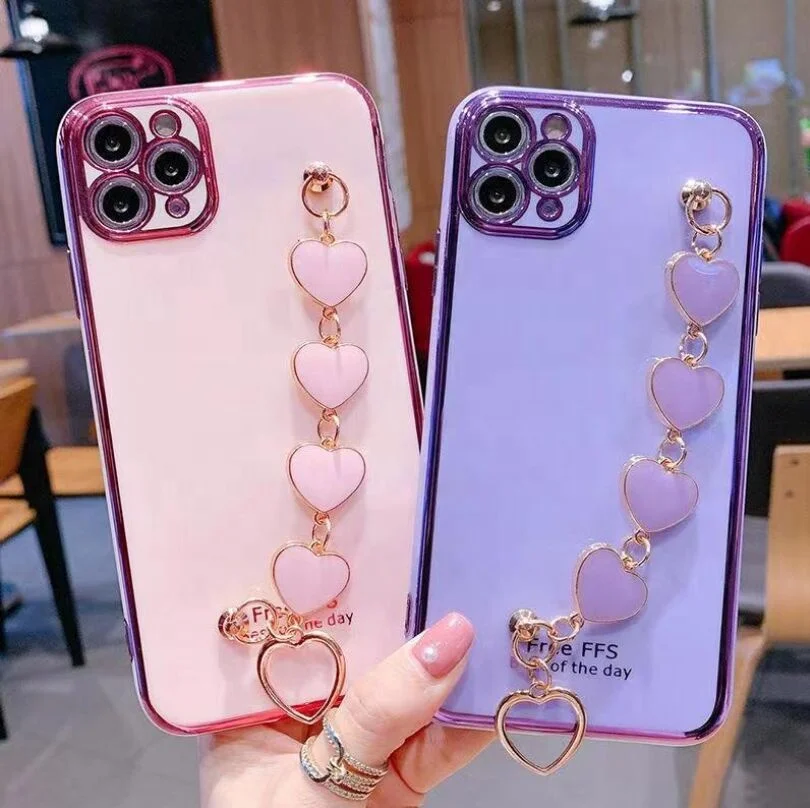 soft enamel hear Love bracelet chain accessories for mobile phone shell case DIY, hanging chain anti falling for phone shell