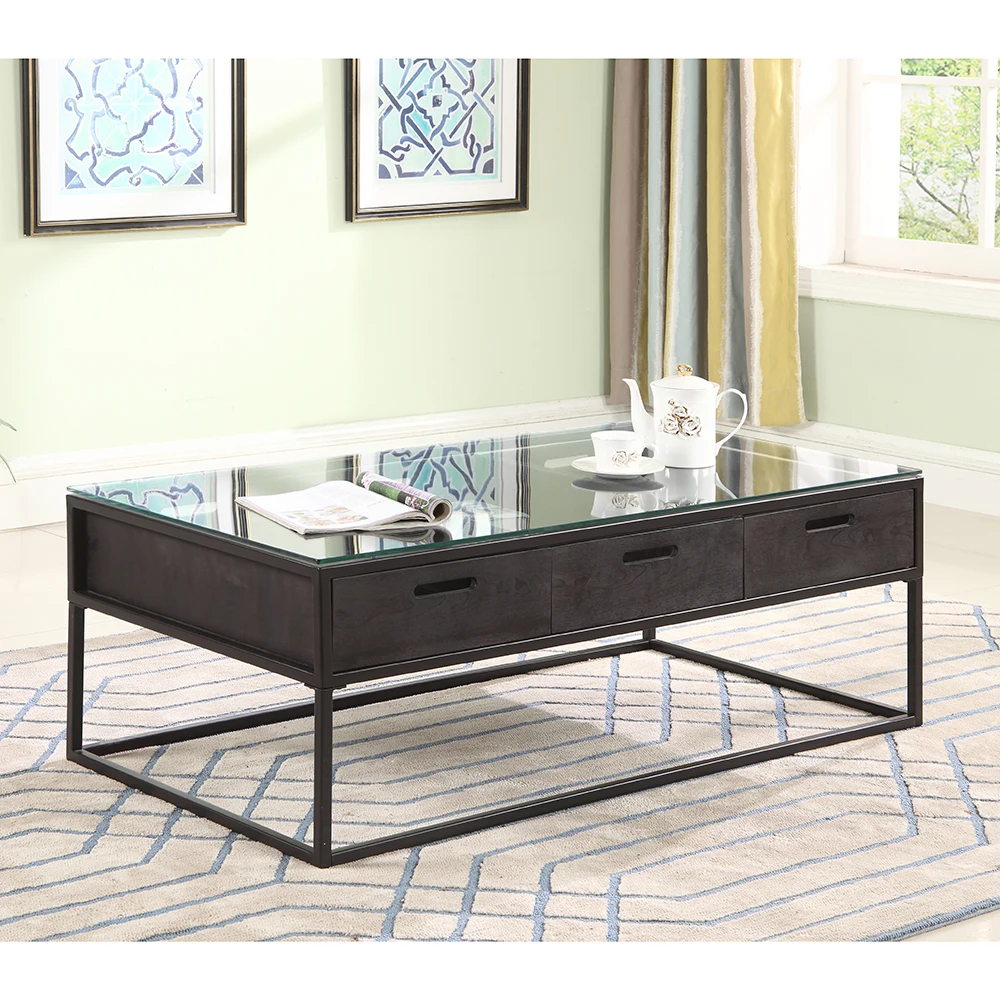 
Luxury Vintage Style Glass Rectangular With Drawers Living Room Metal Legs Coffee Table 