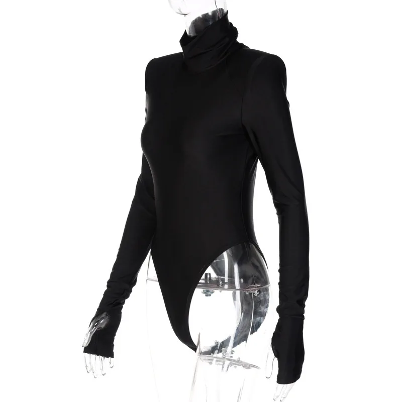 2023 Fashion Solid Turtleneck Shoulder Pads Base Shirt Catsuit Woman Long Sleeve Finger Jumpsuit Onesie Women Bodysuit