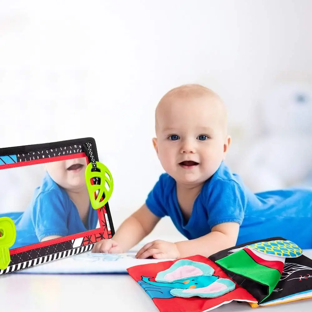 0-3 Months Brain Developmental Baby Mirror Tummy Time Toys with Cloth Book&Teethers,High Contrast Baby Sensory Toy