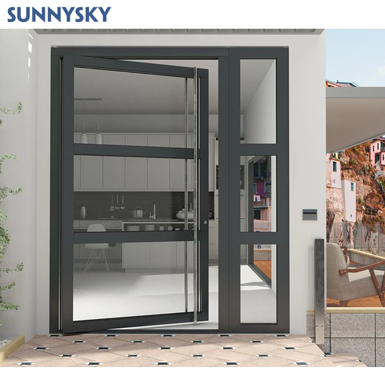 Sunnysky Modern Home Main Entrance Security Entry smart door lock with camera sidelight Aluminum Glass Pivot Door