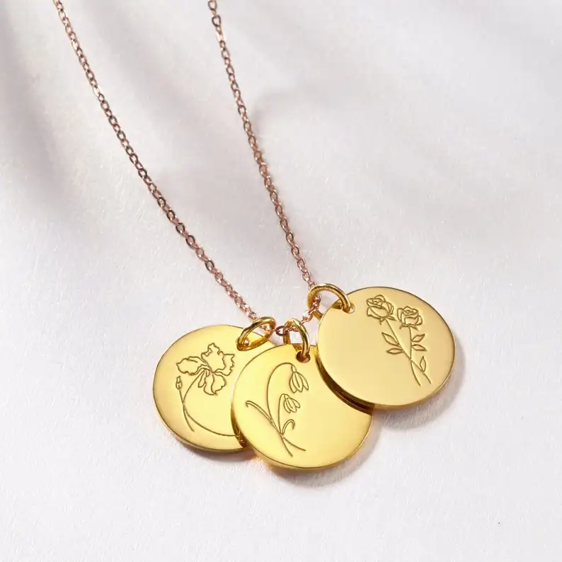 Personalized 18K gold plated 925 sterling silver birth flower engraved pendant necklace for girls