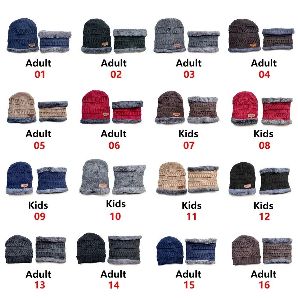 Velvet Lined Thicken Ski Skull Caps Men Kids Winter Hat Scarf Set Neck Warmer Wool Knitted Beanie Hats Winter Fleece Knitted Hat