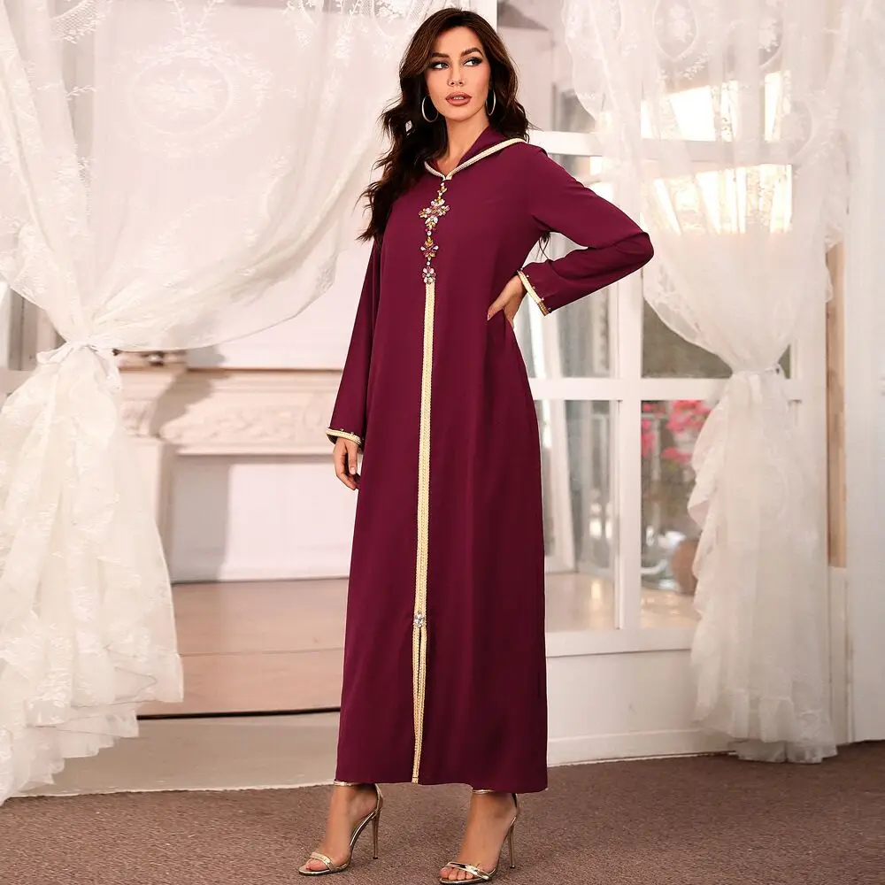 J&H  2022 Luxurious Dubai Abaya Djellaba Moroccan Kaftan Women Long Sleeve Hoodie Maxi Dress Robes Islamic Clothing