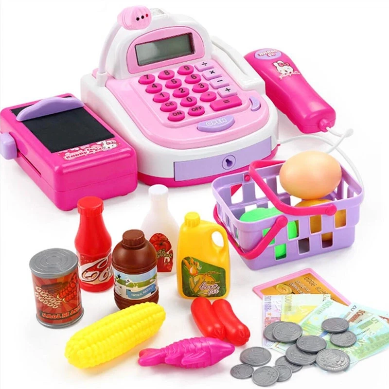 Mini Simulated Supermarket Checkout Counter Role Supermarket Cash Register Toy Set with Scale Kids Pretend Play toy