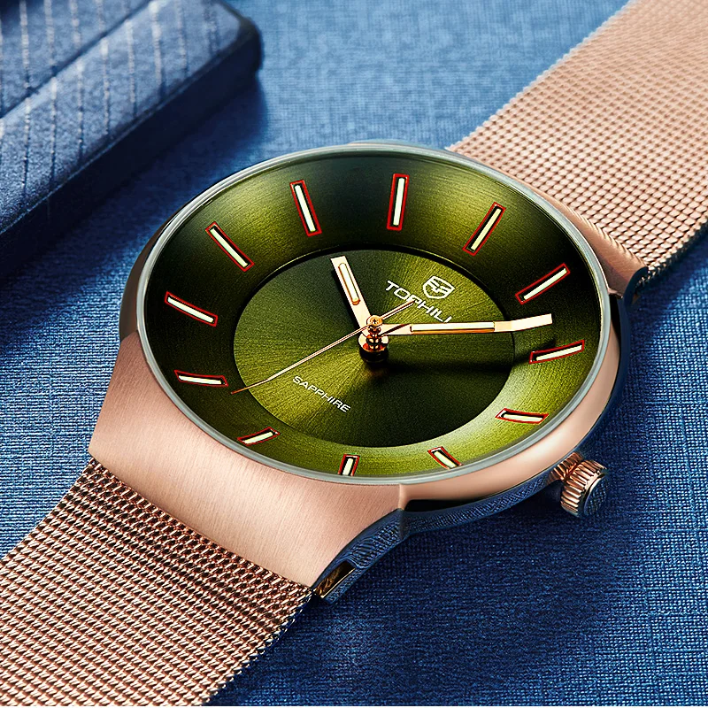 Tophill Custom Tritium Tracheal Nail Dial Luminous 316L Stainless Steel Milan Mesh Belt Sapphire Glass For Womens Quartz Watches