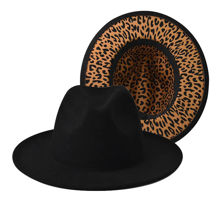 Men Thick Double-sided Solid Color Big Eaves Double-sided Leopard Print Inside Of Jazz Flat Black Fedora Hats