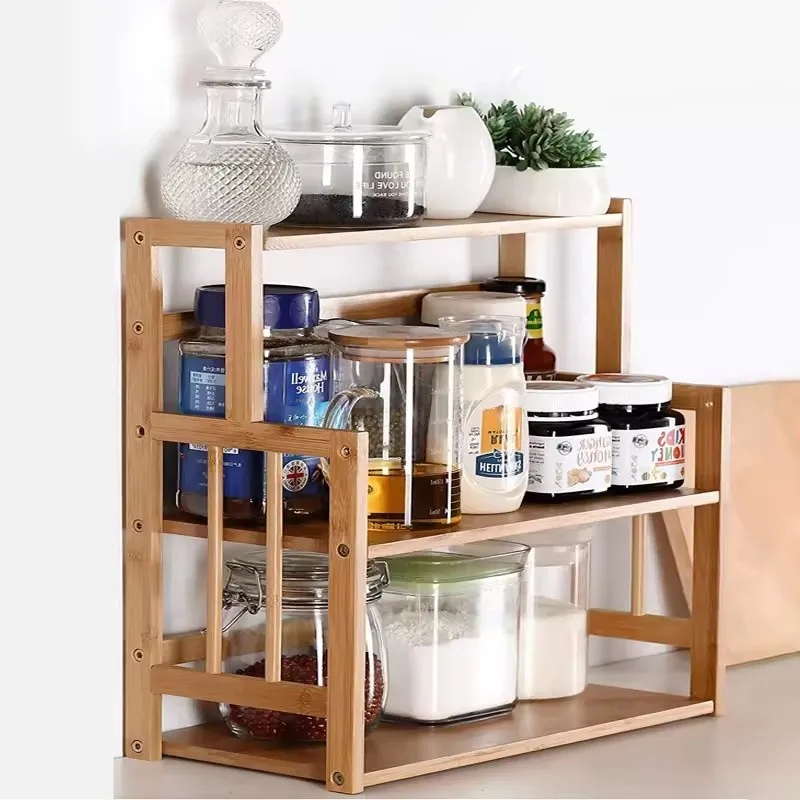 3-Tier Bamboo Spice Rack Storage Shelves Standing Pantry Shelf for Kitchen Counter Storage