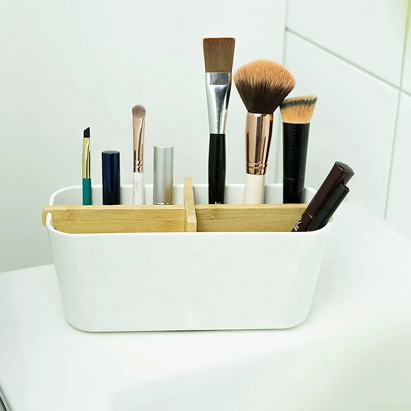 100% Plant based natural bamboo wood pen holder for desk divider cosmetic jewelry storage organizer box