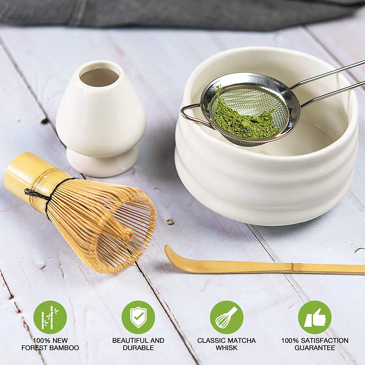Tiitee Custom Handmade Matcha Ceremony Kit With Matcha Whisk Traditional Bamboo Chasen Scoop Ceramic Holder Matcha Bowl Set