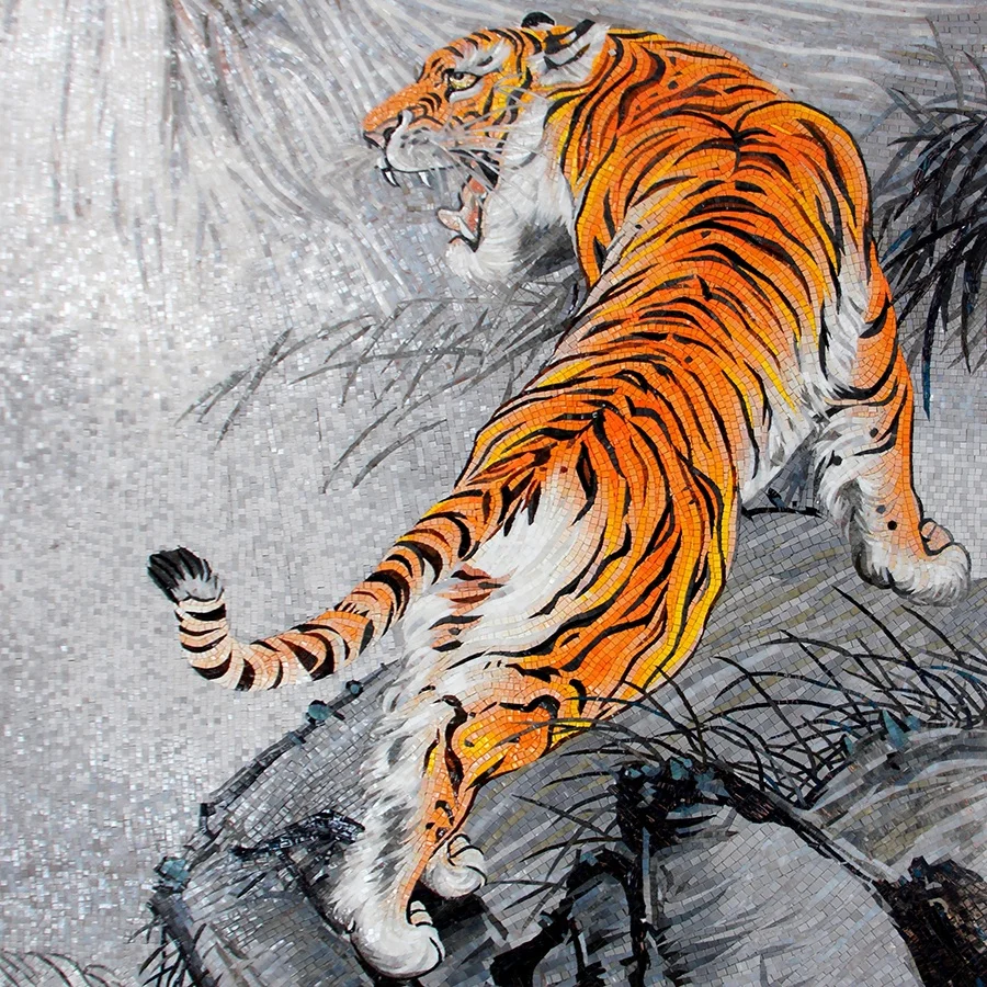 Modern Hotel Handmade Customized Artwork Religious Ocean Animal Tiger Pattern Picture Glass Mural Mosaic Tile Wall Art Supplies