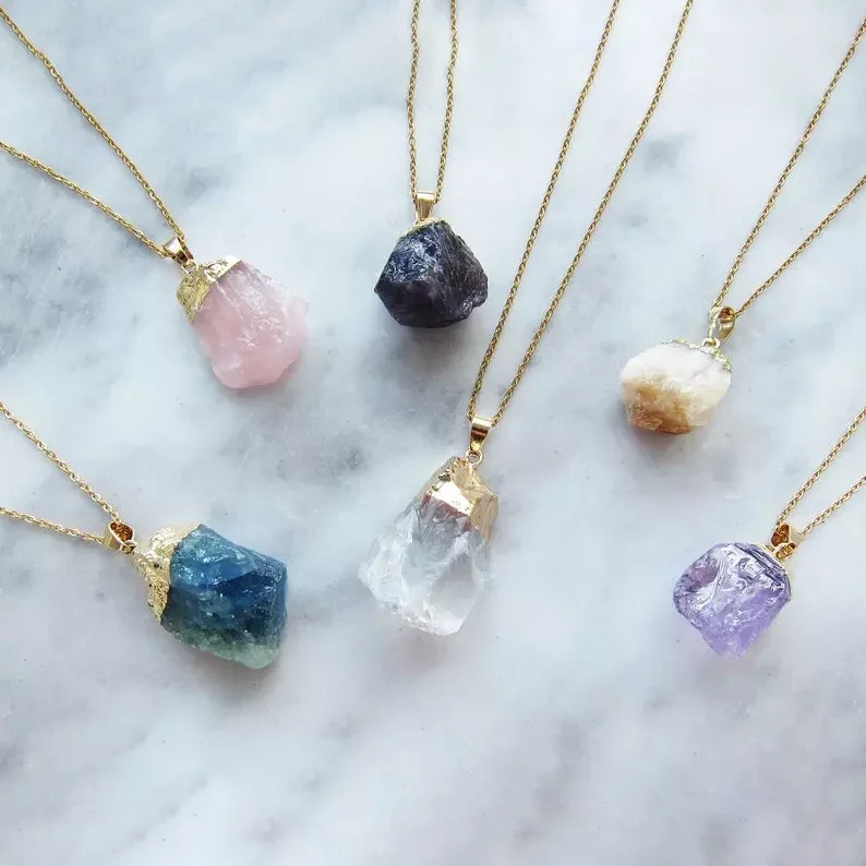 Boho Christmas Gift Stainless Steel Chain Delicate Raw Crystal Necklace Rose Quartz Amethyst Birthstone Necklace