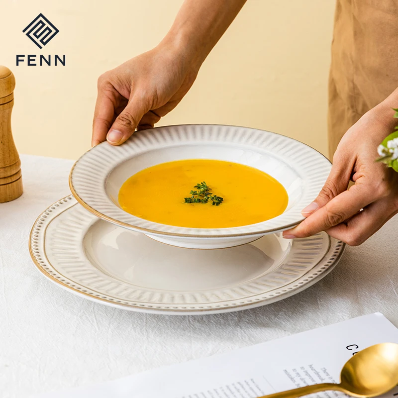 Country Style Simple Embossed Stoneware White Ceramic Dinner Dish Plates Porcelain Dinnerware Microwave Safe for Home Kitchen