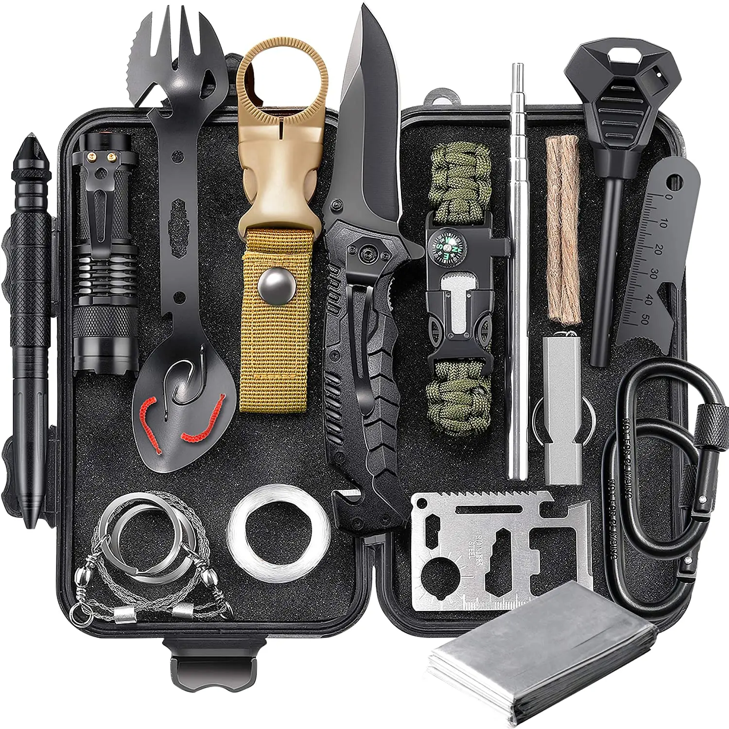 Survival Kit Tactical Camping Gear 14 in 1 Backpack Hiking Outdoor Gifts for Men and Women - SOS Car Emergency EDC Tools